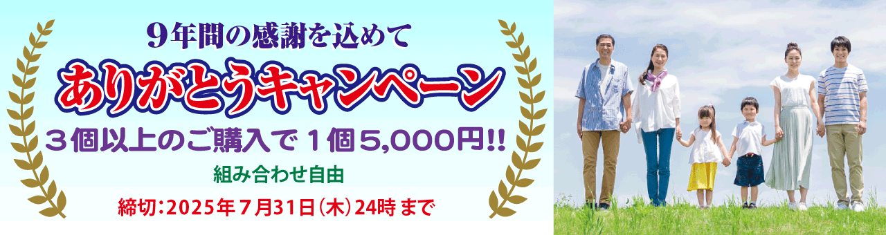 9年間の感謝を込めてありがとうキャンペーン3個以上ご購入で1個5,000円！！どの商品の組み合わせでも3個以上で1個5,000円です。締切：令和7年7月31日(木)24時まで